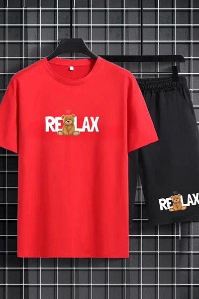 CAST COLLECTİON Unisex Red Relax Bear Printed Tshirt Shorts Set