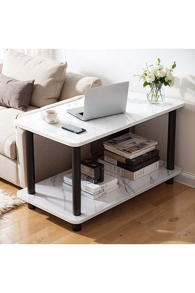 EqiEch Double Layer End Side Table with Storage Shelf for Bedroom Living Room 80*40*53CM,white+black