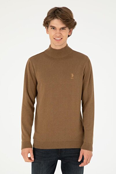U.S. Polo Assn. Ανδρικό πουλόβερ εφαρμοστό Half-High Khaki Melange Basic TEKS...