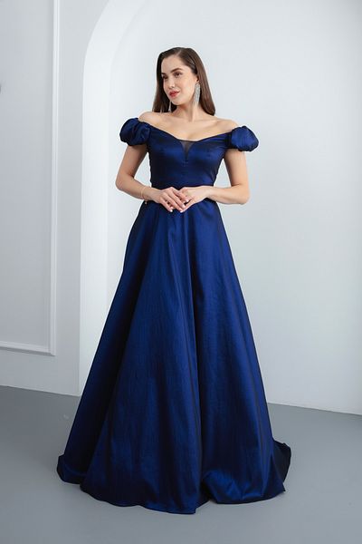 Lafaba Γυναικείο μακρύ βραδινό φόρεμα Navy Blue Boat Neck Flared Cutout