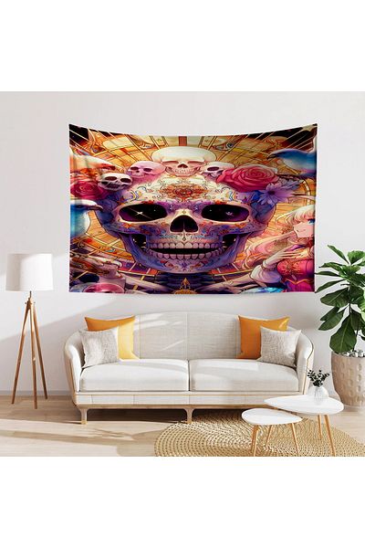 Else Dekor Gothic Floral Patterned Skull Tapestry - Duar Rug Cover