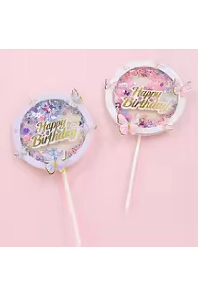 Bkmc Pink Happy Birthday Round Butterfly Cake Topper Butterflies Decoration Supplies Cake Ornament