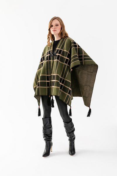 Wega Moda Striped Pattern Poncho, Fisherman's Stitching Button Detailed Poncho, Outerwear Poncho, Knitwear Knitted Chic Poncho
