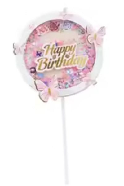 Bkmc Pink Happy Birthday Round Butterfly Cake Topper Butterflies Decoration Supplies Cake Ornament