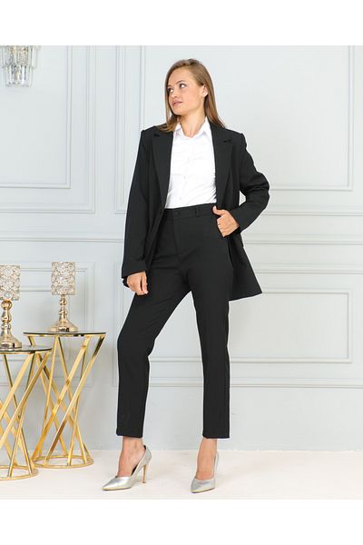 nacar çarşı Women's Black Classic Double Suit Single Button Blazer Jacket - Cartoon Fabric Pants