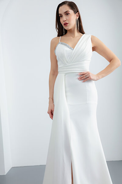 Lafaba Dámské bílé zásnubní svatební večerní šaty na jedno rameno