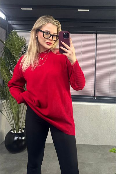 MİR STORE Dark Red Half-Thigh Ribbed Oversize Sweater