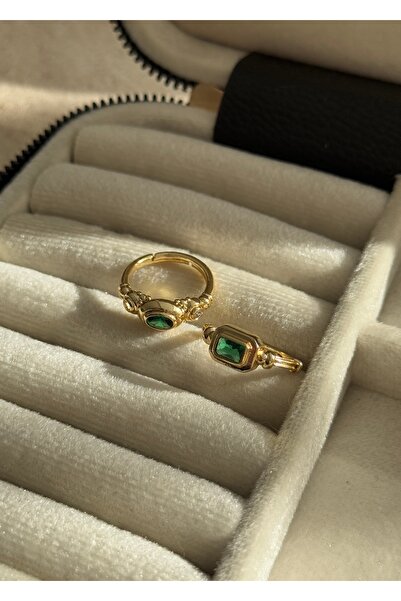 KİLİGİSTANBUL Arlo Yeşil Taşlı 2'li Vintage Yüzük