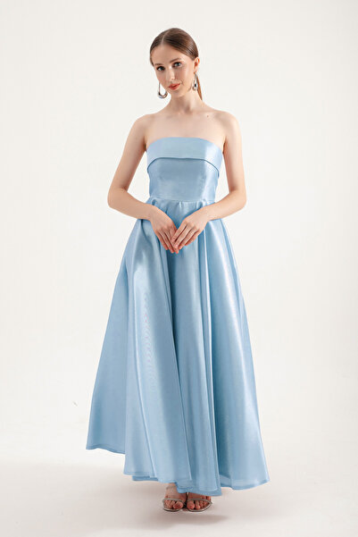 Lafaba Rochie de seara din tul fara bretele albastru bebelus - croiala evazata