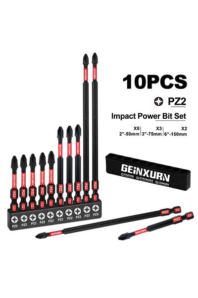 Choice 10pcs Geinxurn Pozidriv #2 Pz2 Impact Tough Screwdriver Power Bit Set, S2 Alloy Steel Bit With Stora