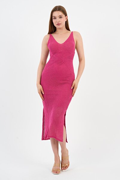 ALEXANDERGARDI Askılı V Yaka Ajurlu Yırtmaçlı Uzun Triko Elbise (A92533-S)