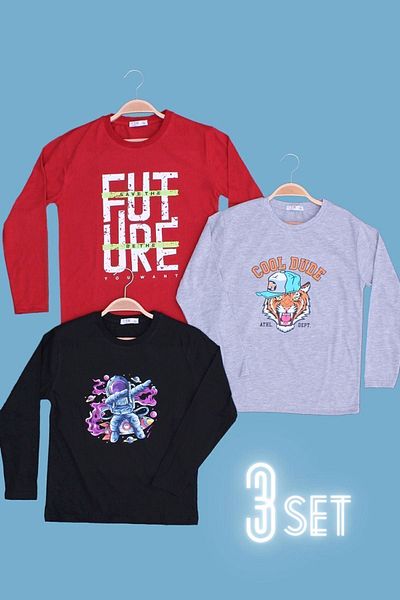 FYK KİDS 3 PACK BOYS BASIC PRINTED LONG SLEEVE SWEATSHIRT