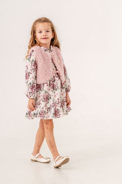 Eray Kids Double Girls' Velvet Dress Suit with Floral Detail Ecru Plush Vest