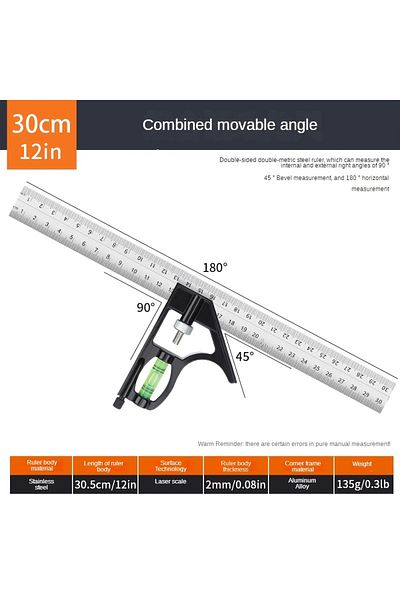 NIUXIANG 12in Adjustable Combination Right Angle Ruler 45/90 Degrees With Bubble Level Gauge, Multifunctional