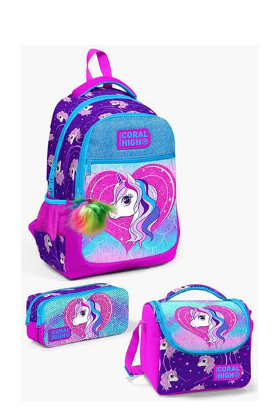 Coral High Unicorn Patterned Purple Pink Glitter School Backpack - Lunch and Pencil Bag Set of 3