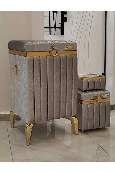 Özyer Çeyiz 3 ‘lü Kare Gri Renk Altın Şeritli Modern Kadife Banyo Kirli Çamaşır Sepeti