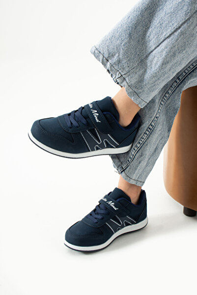 BOUIS Çocuk Lacivert Beyaz Bağcıklı Tek Cırtlı Esnek Hafif Suni Deri Unisex Sneaker M Serisi Spor Ayakkabı