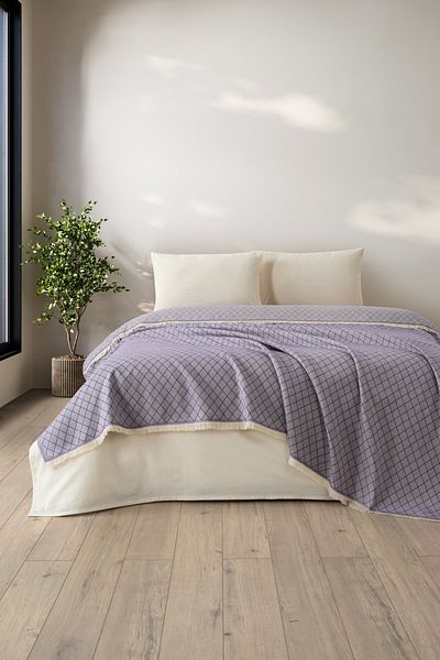 Denizli Concept Set dublu Plum Lapis Pique - Cuvertură de pat 100% bumbac cu model geometric - Cu cearșaf
