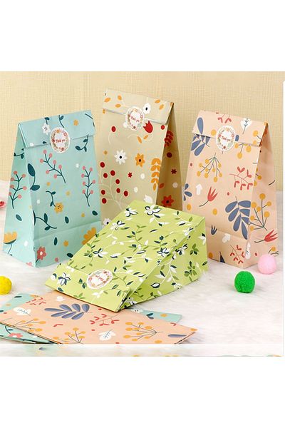 Choice 12x8x22cm Mixed Color-24pcs 12/24pcs Plant Pattern Gift Paper Bags For Candy Cookie Bakery Kraft Pap