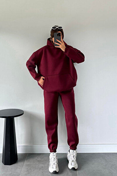 CMZ COLLECTİON Βουργουνδί χρώματος άνετο σετ φόρμας unisex