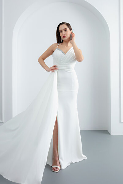 Lafaba Dámské bílé zásnubní svatební večerní šaty na jedno rameno