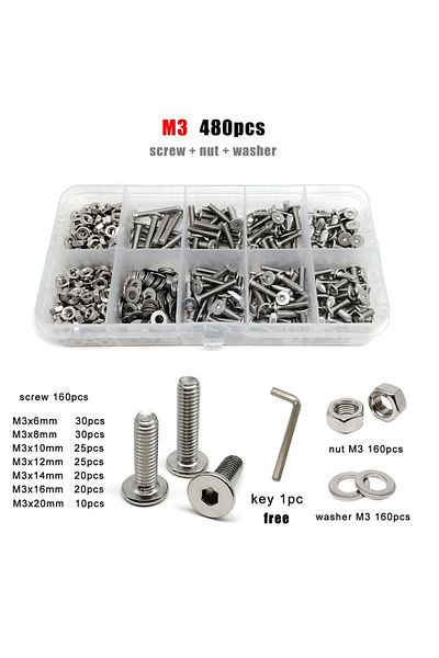 Choice M3 480pcs 1 Box M1.6 M2 M2.5 M3 M4 M5 M6 M8 304 Stainless Steel CM Hexagon Socket Allen Ultra Thin F