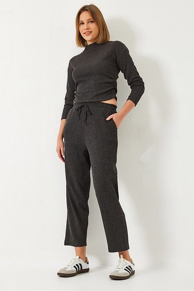 Bianco Lucci Women's Crop Blouse and Elastic Waist Pants Bottom Top Suit 60261363
