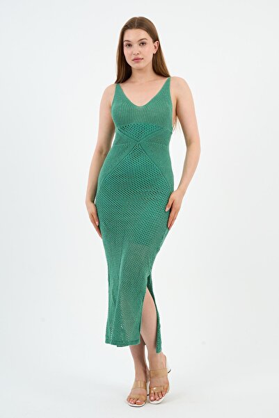 ALEXANDERGARDI Askılı V Yaka Ajurlu Yırtmaçlı Uzun Triko Elbise (A92533-S)