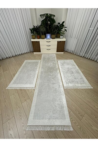 MODKLAS Kaymaz Taban 3 'lü Yatak Odası Halı Takımı 2 Adet 80x150 cm 1 Adet 80x300 cm SARE KREM