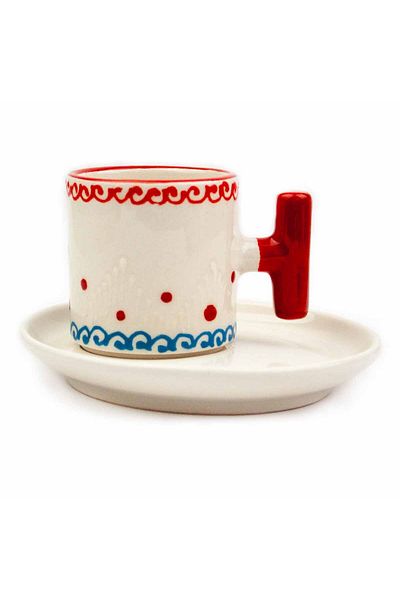 PALTO TASARIM Ethnic Pattern Striped Hand Painting Embossed Pattern Cream Shiny Turkish Coffee Cup - Handcrafted Gift