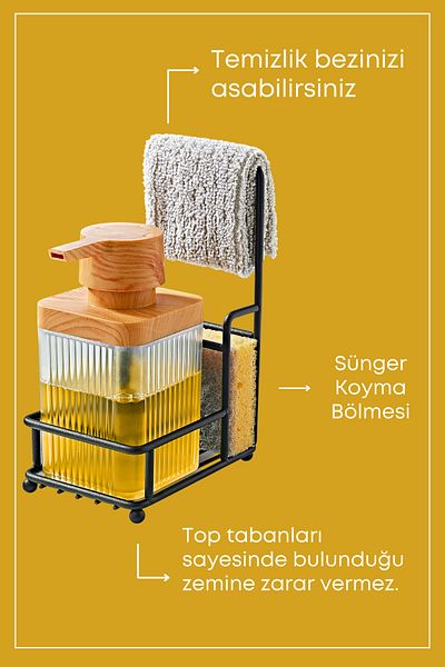 GRİMOR Life Single Transparent Wooden Acrylic Dishwashing Liquid Soap Dispenser with Metal Stand and Sponge - Cloth Hanger