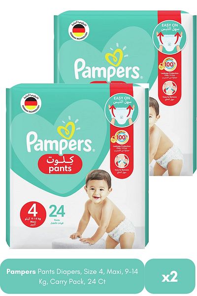 Pampers Pants Diapers, Size 4, Maxi, 9-14 Kg, Carry Pack, 24 Ct X2