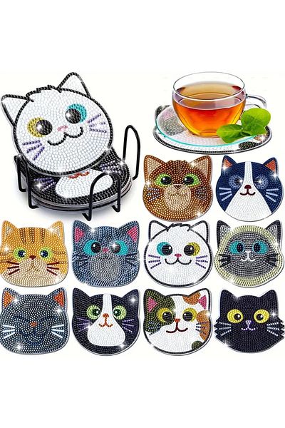 Choice Multi 10pcs Diamond Painting Coasters Set, Diy Cartoon Cat Pattern Round Coasters 10x10cm/3.93x3.93i