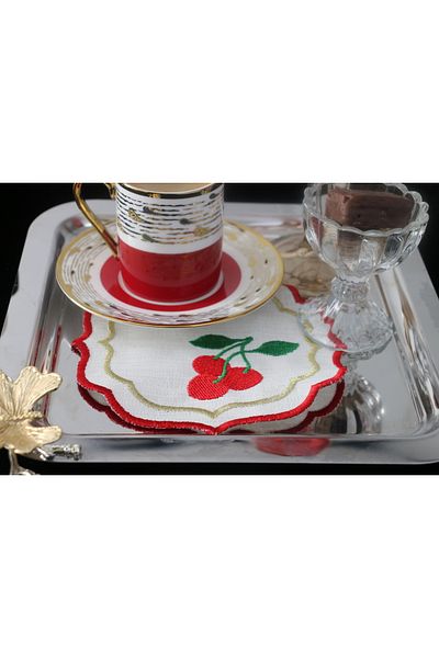 PLT Design Set of 6 Cherry Patterned Linen Linen Coffee Side Cocktail Presentation Napkins