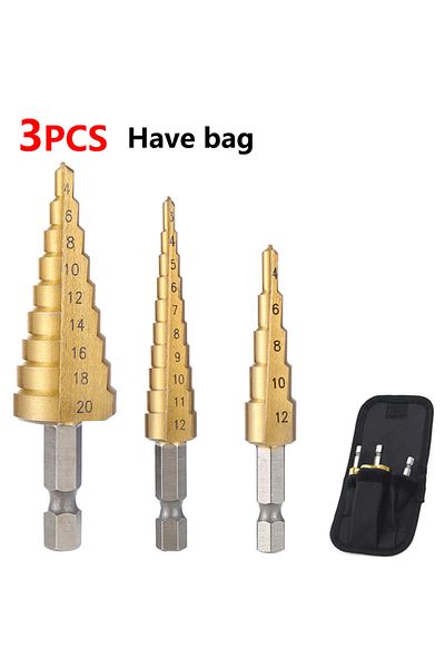 Fbiannely 3pc 4-12 3-12 4-20 3pcs 3-12mm 4-12mm 4-20mm Hss Straight Groove Step Drill Bit Set Titanium Coated
