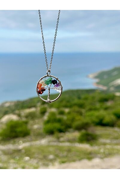 Zodyak Doğal Taş Natural Stone Tree of Life Chakra Necklace Untarnished Witho...