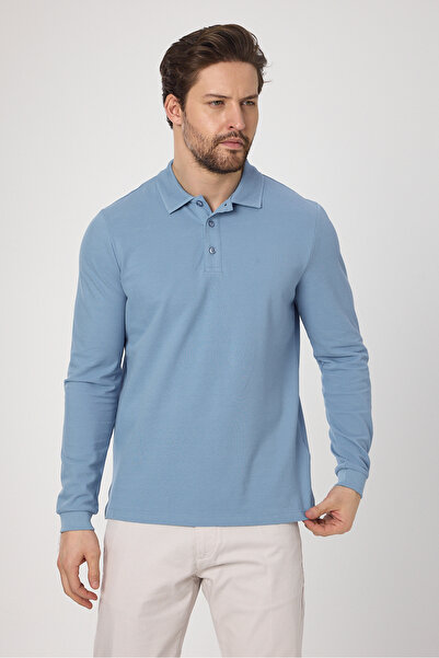 Frappoli Frank Erkek Mavi %100 Pamuk Pike Örme Esneyen Kumaş Slim Fit Dar Kesim Uzun Kol Polo Tişört