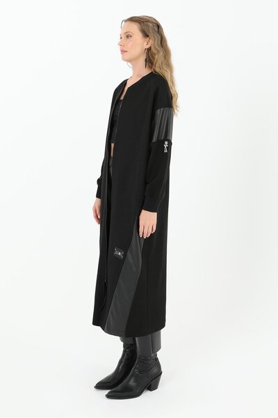 Puane Women's Leather Detailed Zippered Long Cardigan - 15175Hrk - Black