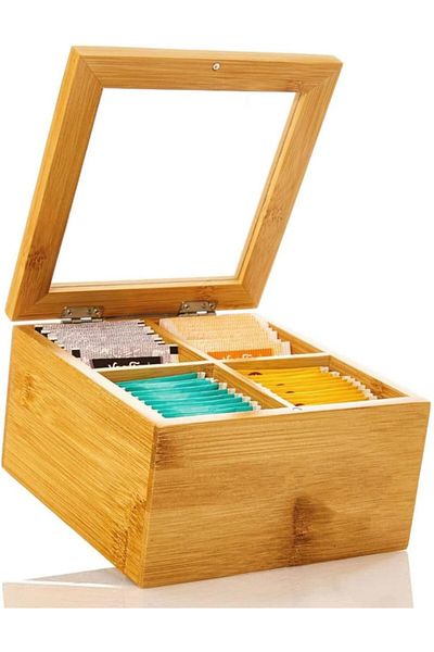 JINOU Tea Box Made with Premium Quality Bamboo Material – 4 Compartment Organizer with Glass Lid