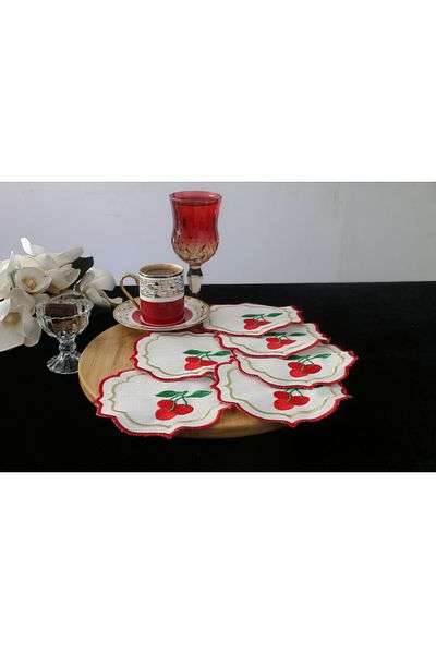 PLT Design Set of 6 Cherry Patterned Linen Linen Coffee Side Cocktail Presentation Napkins