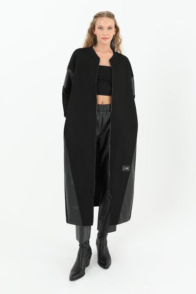 Puane Women's Leather Detailed Zippered Long Cardigan - 15175Hrk - Black