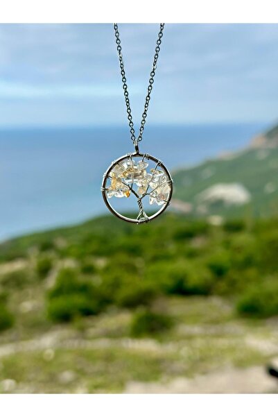 Zodyak Doğal Taş Natural Stone Tree of Life Citrine Stone Pendant, Non-Tarnis...