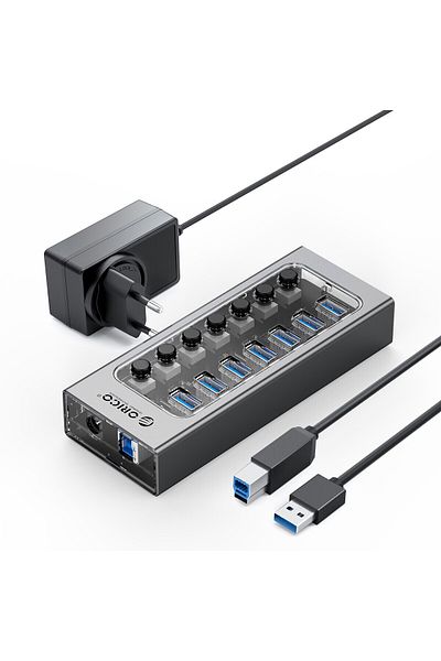 Orico موزع USB 3.0 من الألومنيوم الصناعي مزود بـ 7 منافذ مع محول طاقة 12 فولت
