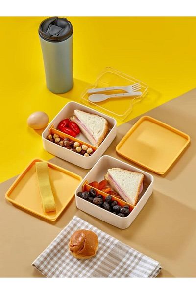 STOREMAX Mrttnca Pri̇me Practical and Stylish Lunch Box with 2 Layers, Spoon and Fork Set, Stone