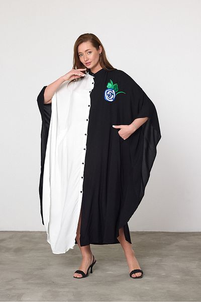 Denismoda Rochie cămașă de damă cu guler judecător, cu buzunare, cu detalii de broderie florală