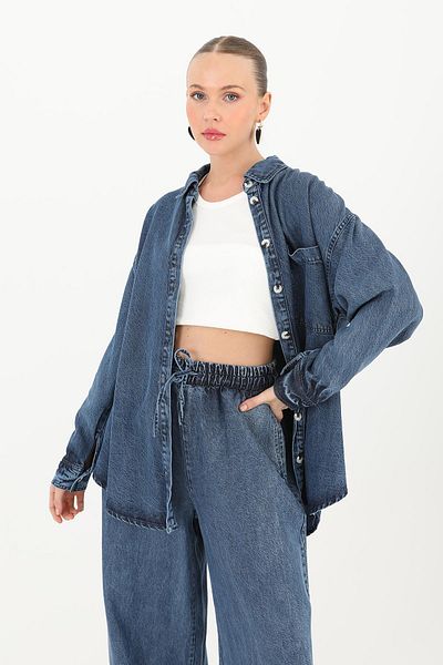 Soul Women's Two-Piece Denim Set with Shirt and Trousers - 32025Tks - Blue
