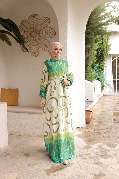 Zaure Women's Hijab Patterned Belted Long Viscose Dress