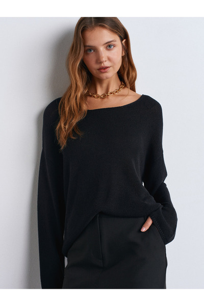 Dilvin 10706 Oval Collar Soft Textured Knitwear Sweater-Black