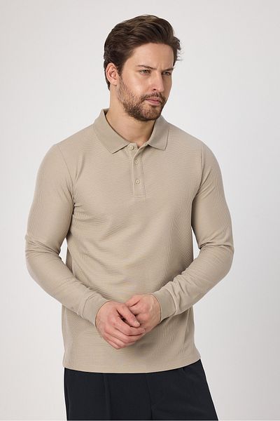 Frappoli Μπλουζάκι Lewin Beige Slim Fit Polo - 100% βαμβάκι, μη τριβείται, μακρύ μανίκι
