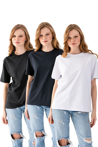 Wega Moda Μπλουζάκι 3 συσκευασιών, Unisex T-Shirt, κοντομάνικο μπλουζάκι oversize, Cotton Black Crew Neck Oversize T-shirt